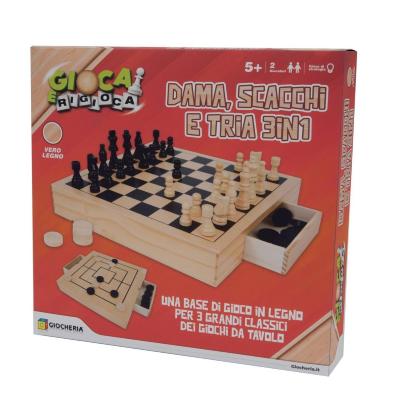 GIOCA E RIGIOCA - DAMA, SCACCHI E TRIA IN LEGNO CON CASSETTINO