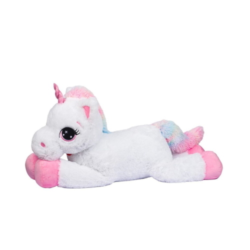 MAXI UNICORNO BIANCO STESO 100CM C/CODA E CRINIERA MULTICOLOR OCCHI RICAMATI E CORNO GLITTER CANGIANTE 