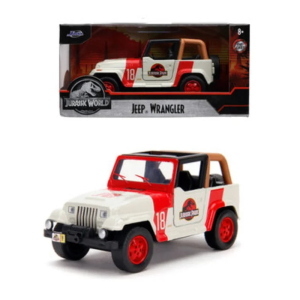 JURASSIC WORLD JEEP WRANGLER  IN SCALA 1:32 DIE-CAST, FUNZIONAMENTO A RUOTA LIBERA, PARTI APRIBILI.